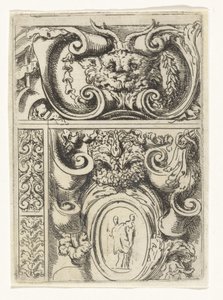 Cartouche med dyrehoved og under en cartouche med Madonna med barn Divertimenti di Livio Meus (serietitel)