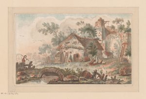 Hus foran en faldefærdig byport, med en mand på en bro i forgrunden af Liger (attributed to)