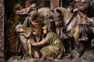 Altertavle, centralpanel, detalje, Jomfruens besvimelse (malet sten)
