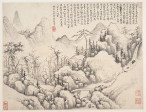 Mountain Retreat, blad fra Album for Zhou Lianggong, dateret til 1654-55 (blad fra et kollektivt album med mange blade; blæk og farve på papir) af Lin Shi