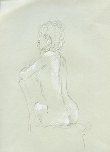 Nude Back View on Grey (blyant og kridt på papir) af Lincoln Seligman