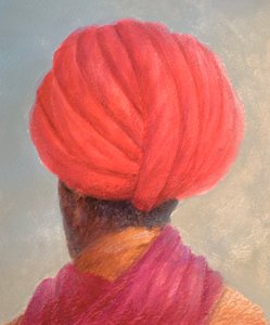 Rød turban gul jakke af Lincoln Seligman