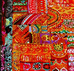 Indian Embroidey, 2017 (lærred af farverige, detaljerede, etniske, sree, blomster, Indien) af linda arthurs