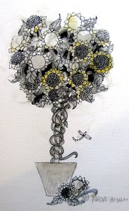 Solsikkearrangement, 2015 (pen og blæk)