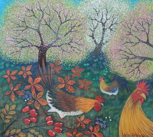 Easter Hens, 2024 (akryl på papir) af Lisa Graa Jensen