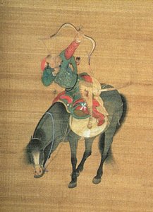 Kublai Khan (1214-94) på jagt (detalje), Yuan-dynastiet (blæk og farve på silke) (se 150417)