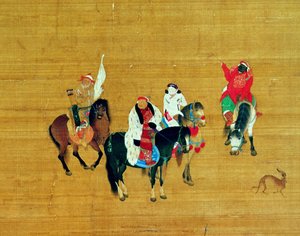 Kublai Khan (1214-94) Jagt, Yuan-dynasti (blæk og farve på silke) (detaljer) af Liu Kuan-tao