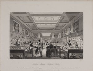 Udsigt over Zoological Gallery, British Museum, der viser besøgende, der ser på udstillinger, ca. 1850 (gravering) af Llewellyn (after) Jewitt
