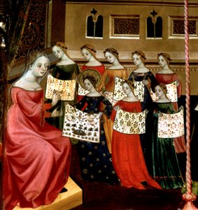 Jomfru Maria med sine klassekammerater viser håndarbejdsprøvetagere til deres lærer, detalje fra Jomfruens altertavle og St. George, ca. 1390-1400 (tempera på panel)