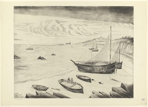 Otte fortøjede skibe på en strand Les Vaisseaux (original titel) af Lodewijk Schelfhout (signed by artist)
