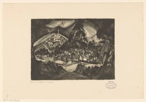 Bakket landskab med træer og bygninger Le Soir (original titel på objekt) af Lodewijk Schelfhout (signed by artist)
