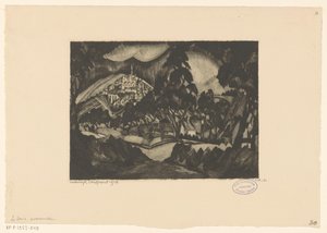 Bakket landskab med træer og bygninger Le Soir (original titel på objekt) af Lodewijk Schelfhout (signed by artist)