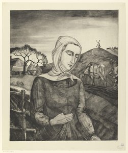 Flamsk bonde i et bakket landskab Jeune fille Flamande (original titel) af Lodewijk Schelfhout (signed by artist)