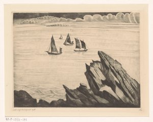 Sejlskibe ud for den bretonske kyst Un soir en Brittany (original titel) af Lodewijk Schelfhout (signed by artist)