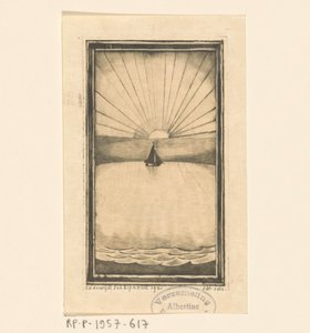 Sejlskib på havet ved opgående eller nedgående sol af Lodewijk Schelfhout (signed by artist)