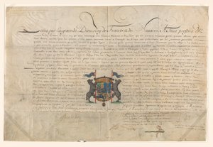 Diplom, hvor Ludvig XIV ophøjede Cornelis Lampsins til baron af Tobago og ridder af St. Michels orden af Lodewijk XIV (koning van Frankrijk) (signed by artist)