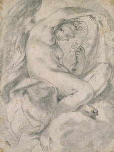 En nymfe (flora) midt i skyer (sort kridt med stub på råhvidt papir) af Lodovico Carracci