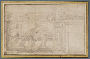 Ignudo, efter en loftfresko i Sala di Ulisse, Palazzo Poggi, Bologna af Lodovico Carracci