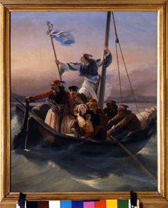 Grækere på et skib Allegori af Grækenland, der marcherer mod uafhængighed efter det osmanniske herredømme og den græske uafhængighedskrig (1821-1830) eller den græske revolution. Maleri af Ludovico Lipparini (1800-1856) 1848 Verone af Lodovico Lipparini