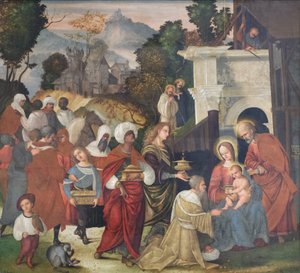 Tilbedelse af Magi med Saints Bernard og Alderic i landskabet