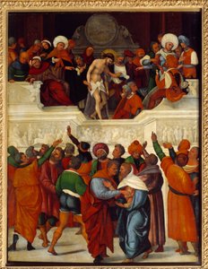 Ecce gay (Her er manden) (udtryk brugt af Pontius Pilatus (Pontius Pilatius) i oversættelsen af Vulgata af Johannesevangeliet (19:5), når han præsenterer Jesus for den slagne skare og tornekrone). Træmaleri af Ludovico Mazzolino (ca. 1480-omkring