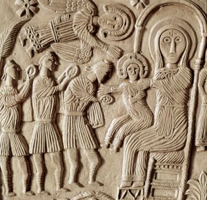 Middelalderens arkæologi (middelalderen). Barbarisk kunst i Lombardiet: tilbedelse af magi, lavrelief af hertug Rachis alter. Skulptur, Lombard kunst, 737-744. Cividale del Friuli, Chretien Museum, katedralens skat