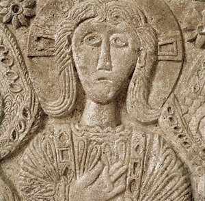Middelalderens arkæologi (middelalderen). Barbarkunst fra Lombardiet: detalje af Kristus, lavrelief af hertug Rachis alter. Skulptur, Lombard kunst, 737-744. Cividale del Friuli, Chretien Museum, katedralens skat