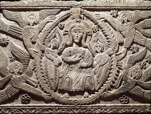 Lombard kunst: Kristus i herlighed, lavt relief fra hertug Rachis alter (Ratchis eller Ratgis) - Skulptur, Lombard kunst, 737-744 (Relief af Ratchis alter, der repræsenterer Kristus i herlighed) Cividale del Friuli, Chretien Museum, skatmester for katedral