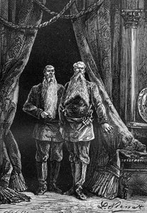 Tegning af Leon Benett, fra Jules Vernes bog "The 500 million of the Begum" - udgave Hetzel/Extraordinary Voyages 1879. Udseende af Arminius og Sigimer, to imponerende skæggede.