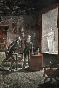 Illustration af Jules Vernes roman "Le chateau des Carpathes", edition Hetzel/Voyages extraordinaire, skrevet mellem 1884 og 1889, udgivet i 1892, tegning af Leon Benett. La Stilla, en sen sangerinde, optrådte i Franz de Telek, takket være en anordning des