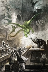 Illustration af Jules Vernes roman "Le chateau des Carpathes", udgave Hetzel/Voyages extraordinaire 1892, tegning af Leon Benett. Magister Hermod fremkalder slottet med drager, gebyrer, dæmoner, spektre, gengangere...