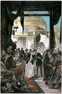 Basaren i Samarkande (nu Samarkand eller Samarqand i Usbekistan), illustration af romanen af Jules Verne "Claudius Bombarnac" udgave Hetzel 1892 - Tegning af Leon Benett (Hippolyte Leon Benet