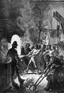 Tegning af Leon Benett, fra Jules Vernes bog "The 500 million of the Begum" - udgave Hetzel/Extraordinary Voyages 1879. Et team af pudlere arbejder i et stålstøberi - støbejernsbarrer smides i ovnen.