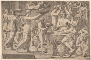 Venus og Mars betjent af Amor og de tre nåder af Léon Davent, after Luca Penni
