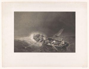 Vissers in een roeiboot op zee Marine gezichten (serietitel) Marine malerier. Litograferet i mezzotint af L. Sabatier efter Eug. Isabey (serietitel på objekt) af Léon Jean Baptiste Sabatier