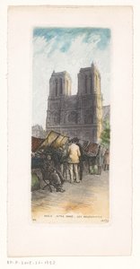 Udsigt over Notre-Dame i Paris med boghandlere i forgrunden Paris Notre Dame les bouquinistes (titel på objektet) af Léopold Robin