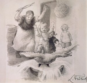 Grimme ælling, illustration af Lorenz Frolich (1820-1908) til eventyr af HC Andersen (1805-1875).