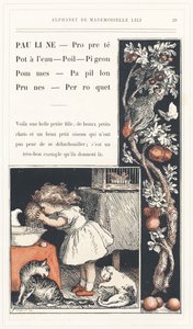Pauline, Clean, Water Pot, Hair, Pigeon, Apples, Butterfly, Plums, Parrot, side 29 - Alfabet af Mademoiselle Lili, af L. Froelich og af en far (Hetzel selv). Bibliotheque  Magasin d