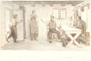 En bonde, der har gæster kalder sin søn ind af Lorenz Frølich