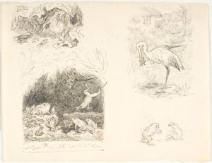 Fire udkast til illustrationer til Skrubtudsen, H.C. Andersens Nye Eventyr og Historier af Lorenz Frølich