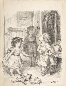 Tre små piger i et rum skændes og spytter, 1835-1903.