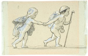 Vignet med gående dreng og pige, der holder hinanden i hånden af Lorenz Frølich