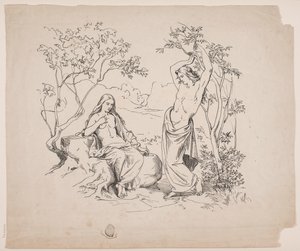 En siddende kvindelig og en stående mandlig figur