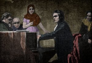 Ludwig van Beethoven spiller Moonlight-sonaten - gravering efter Lorenz Vogel - Ludwig van Beethoven (1770-1827), tysk musiker, spiller sonaten i UT-mol (Moonlight - Moonlight) efter maleriet af Lorenz Vogel (1846-1902) af Lorenz Vogel