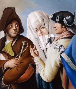 En gentleman i en frygisk motorhjelm bliver tiltalt af en gentleman i en gul frakke og sort tricorn hat med en dame i en blå brokadekjole og hvid mantilla,