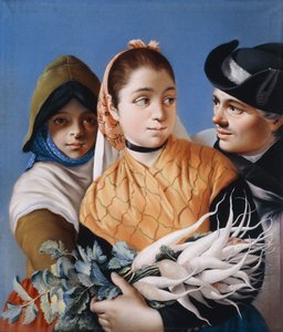 En pige i et orange sjal med majroer, en pige i en grøn motorhjelm og kjole og en herre i sort tricorn hat,
