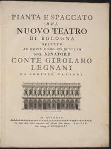 Plan og tværsnit af det nye teater i Bologna af Lorenzo Capponi, after Antonio Galli Bibiena