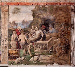 St. Ceciles liv: Begravelse af St. Valerian og St. Tiburtius (fresco af Lorenzo Costa