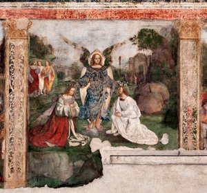 Sankt Cecilias liv: helgenen og baldrian kronet af en engel (fresco af Lorenzo Costa