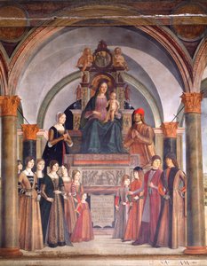 Madonna og barn med engle, af Lorenzo Costa (ca 1537-1583), Bentivoglio kapel i kirken San Giacomo Maggiore, Bologna, Italien af Lorenzo Costa